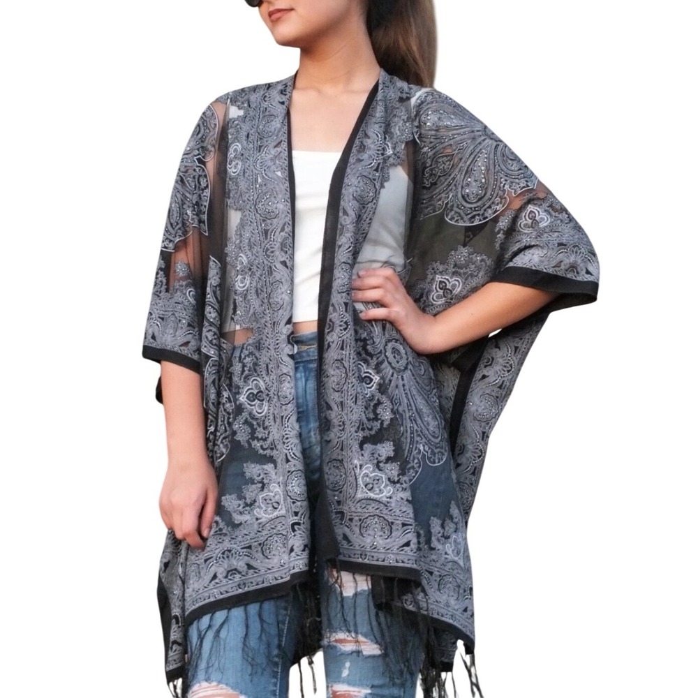 Black Sheer Mesh Paisley Kimono Cardigan Button Front Tassel Fringe Wrap OS